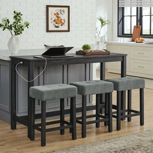 Mesa de Bar con Tomacorrientes de 59 Pulgadas, 3 Taburetes Tapizados, Juego de Mesa y Sillas de Comedor de 4 Piezas para Sala de Estar, Muebles para Oficina en Casa - Product Image 6