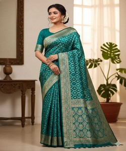 Teal Banarasi Silk Saree Women Traditional Ethnic Wear Fit Wedding Party Occasion <b>Floor</b>-Length High-quality 85282 SHUBH- SF-914 - Product Image 1
