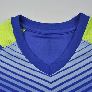Ensemble de maillot de football bleu pour homme, col en V, manches courtes, imprimé géométrique, évacuation de l'humidité, coupe athlétique, uniforme de football par sublimation - Product Image 5