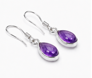 Natural Amethyst Teardrop Sterling Silver Drop <b>Earrings</b> | 925 Silver Pear Shape Dangle <b>Earrings</b> | Purple Gemstone <b>Earrings</b> | Feb - Product Image 1