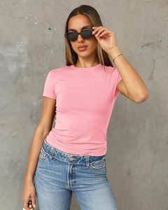 Women's <b>Pink</b> Crew Neck Short Sleeve Slim Fit Cotton Jersey T-Shirt Casual Solid Color Breathable Spring Summer Top - Product Image 5
