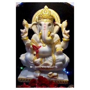 Top Quality Beautiful Painted God Ganesh Ji White Marble Statue With Blessing Hand In Sitting Position For Worship In <b>Temple</b> - Product Image 1
