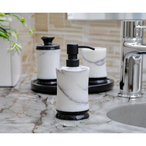 Ensemble de salle de bain en marbre Assured, quatre pièces, distributeur de savon rond moderne, porte-brosse à dents, plateau, facile à nettoyer - Product Image 2