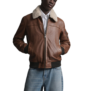 <b>Men</b> Real <b>Leather</b> Bomber <b>Jacket</b> Ribbed Cuffs Hem Lambskin Soft Lightweight Casual Streetwear OEM Custom Wholesale - Product Image 4