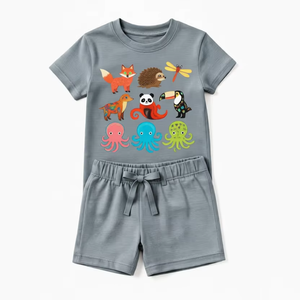 Ensemble deux pièces en coton pour enfants, t-shirt et short, respirant, léger, vêtements décontractés d'été, taille personnalisée - Product Image 1