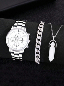 Reloj de cuarzo con puntero redondo y fecha para hombre y juego de 2 piezas de joyería 192018 - Product Image 5