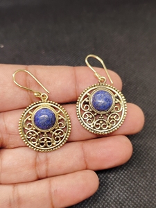 Natural <b>Lapis</b> <b>Lazuli</b> Bohemian Round Earrings Handmade gold Plated Brass Blue Gemstone Dangle Earrings High Quality Unique - Product Image 1