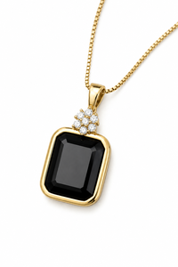 Collar con Colgante Rectangular de Espinela Negra con Detalles de Circonita Blanca, Chapado en Oro, Lujoso, para Novia, Compromiso, para Mujer - Product Image 1