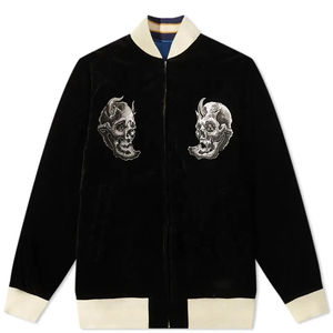 <b>Men's</b> Black Velvet Bomber Jacket <b>Gothic</b> Skull Embroidery Back Print Stand Collar Regular Fit Winter Style Satin Lining - Product Image 2