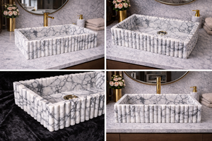 Lavabo de Mármol Calacatta Blanco de Lujo, Diseño Acanalado, Lavabo de Piedra para Baño, Lavabo de Encimera de Mármol Hecho a Mano - Product Image 5