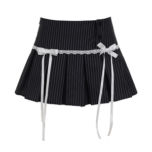 Falda plisada a rayas con lazo decorativo, nueva, de cintura natural, ecológica, estilo Y2K, versátil, mini falda skater, venta al por mayor. - Product Image 4