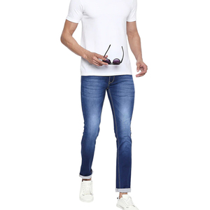 Jean en denim délavé coupe droite pour homme de haute qualité, couleur personnalisée, multi-poches, décontracté, bleu foncé, avec logo décoratif - Product Image 2