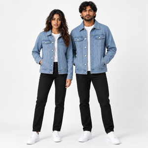 Veste en jean personnalisée éco-responsable, délavage clair, coupe décontractée style camionneur, en coton, streetwear, unisexe, pour hommes, avec emplacement personnalisé sur le devant - Product Image 5