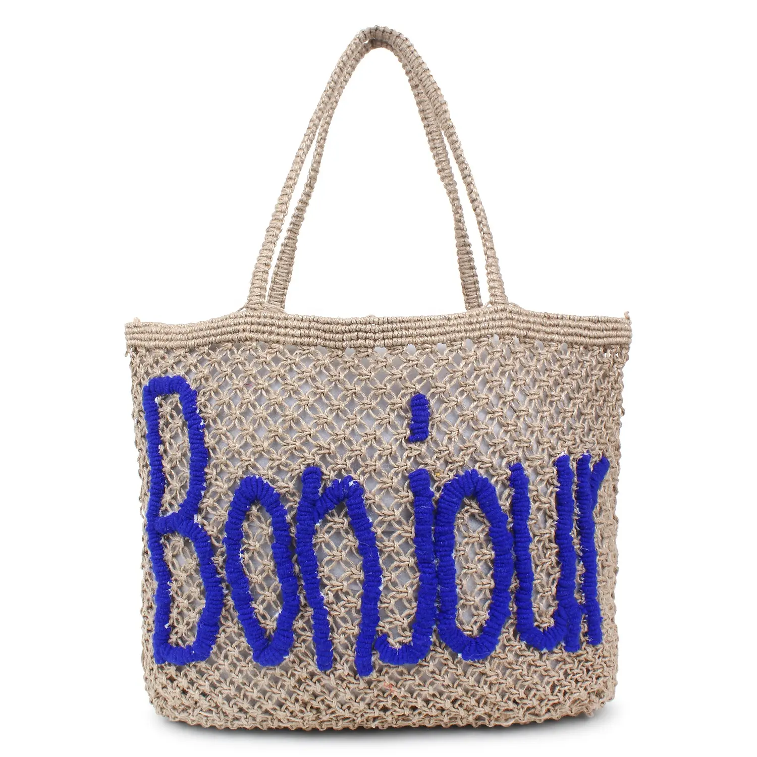 Bolsa de sacola de juta natural, bolsa de sacola de crochê, sacola de praia para compras, feita à mão