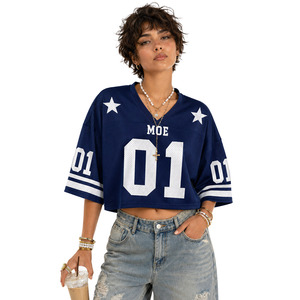 Camiseta Deportiva Retro Varsity para Mujer, con Hombros Caídos, Malla Azul, Diseño de Estrella Personalizado, Estilo Chic - Product Image 1