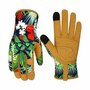 Gants de jardinage robustes et respirants pour femmes, imprimé floral tropical, paume en cuir synthétique, compatibles écran tactile - Product Image 1