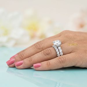 Custom 925 <b>Sterling</b> <b>Silver</b> Round Cut VVS1 Moissanite Engagement <b>Ring</b> 2 Piece Bridal Wedding <b>Set</b> with Eternity Band - Product Image 4