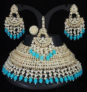 Traditional <b>Indian</b> Gold Plated Zircon Bridal Jewelry <b>Set</b> with Choker Necklace Earrings Maang Tikka & Ring for Weddings Parties - Product Image 1