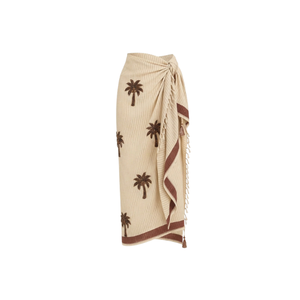 Hot Sale Women's Beige and <strong>Brown</strong> Embroidered Long Palm Tree <strong>Sarongs</strong> with Asymmetric Stretch Cotton Bamboo Fiber Beachwear Set - Product Image 1