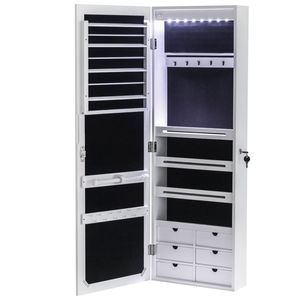 Armadietto a Muro Bianco a 4 Ripiani con 6 Cassetti, 8 Luci LED Blu, Specchio Non Intero, in Legno, per Organizzare e Conservare Gioielli - Product Image 4