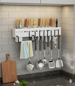 Wall-mounted Storage Organizer <b>Kitchen</b> Knife Spoon Utensils Wall-mounted Holder <b>Rack</b> with Towel Hanger - Product Image 1