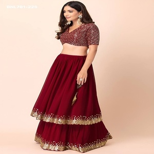Party Wear Georgette with Zari-<b>Sequin</b> Embroidered Ruffle Layered Flared <b>Red</b> Lehenga-Choli Set Woman Fashion Exporter - Product Image 1