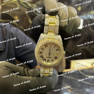 Montre de luxe Iced Out à cadran romain en acier inoxydable avec lunette en diamant VVS cultivé en laboratoire et affichage de la date pour hommes et femmes - Product Image 6