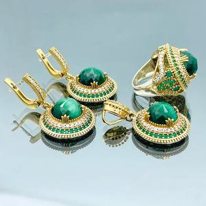 Malachite Ring And Earrings Set 925 Sterling Silver 14K Gold Plated Turkish Handmade Green Gemstone Jewelry Gift For Women - Product Image 5