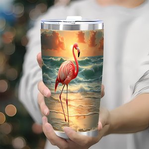 20oz Stainless Steel Tumbler Double Wall <b>Insulated</b> Flamingo Beach Design Travel <b>Mug</b> - Product Image 3