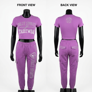 Women Premium 320 GSM Cotton Fleece Crop <b>Top</b> Jogger Set Purple Streetwear <b>Rhinestone</b> Heat Transfer Custom Logo Women's Sets - Product Image 1