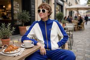 Conjunto Deportivo de Dos Piezas para Mujer en Azul y Blanco con Chaqueta con Cierre, Cuello Alto y Manga Larga y Pantalones Anchos - Product Image 6