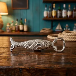 Ouvre-bouteille en laiton nickelé en forme de poisson, accessoire de bar nautique fait main, ouvre-bouteille décoratif sur le thème marin, accessoire de bar côtier - Product Image 5