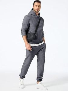 Ensemble survêtement gris à capuche pour homme 100% coton, manches longues, couleur unie, sweat-shirt et pantalon décontractés avec poches latérales - Product Image 1