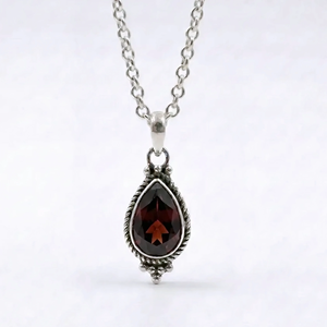 Classic Sterling Silver Garnet Pendant <b>Necklace</b> Water Drop Shape Bezel Setting Figaro Chain Unisex Everyday Wear Jewelry - Product Image 1
