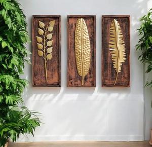 Gold Plated Foliage <b>Wall</b> Art Set Wooden Frame Rustic Handmade Metal <b>Decor</b> for Home Decoration Rectangle Multi-piece Package - Product Image 3
