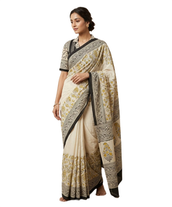 Sari con Estampado Floral Crema, Blusa de Manga Corta, Tela para Envolver, Atuendo Tradicional Indio para Festivales - Product Image 1