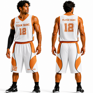 Conjunto de Camiseta de Baloncesto para Hombre SINEWY, Blanco y Naranja, Sublimada, Cuello en V, Sin Mangas, Transpirable, Uniforme Deportivo, Nombre del Equipo 12 - Product Image 1