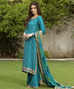 Elegant Teal 100% Silk Embroidered Long <b>Sleeve</b> Midi Dress with Beading and Jewel Neck for Formal/Casual Party Wear Anti-Wrinkle - Product Image 4