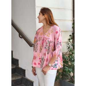 เสื้อเบลาส์และเสื้อเชิ้ตของผู้หญิงสีสดใสลายทุ่งหญ้าสีชมพูสดใส - Product Image 6