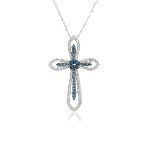 Collar con Colgante de Cruz, Plata de Ley 925, Diamantes Blancos y Azules, Corte Redondo, Bañado en Rodio, Cadena de Serpiente, Estilo Religioso - Product Image 1