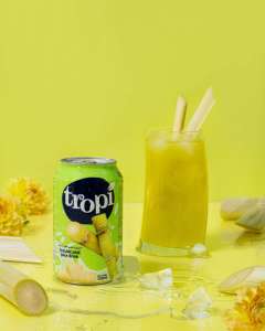 Boisson Tropi Juice 330ml en canette aluminium courte, 100% purée de fruits, faible en gras, stérilisée, fraîchement pressée, 5 Brix, pastèque et fruit de la passion - Product Image 3
