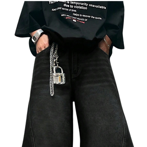 Jean en denim noir ample pour homme, coupe décontractée, jambe large, style streetwear, pantalon délavé, longueur intégrale, tenue décontractée et tendance - Product Image 3