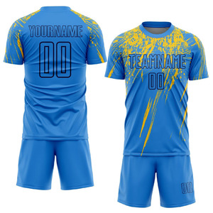 Maillot de football personnalisé bleu et jaune sublimé, kit à manches courtes, col rond, séchage rapide, polyester, coupe athlétique, adultes, toutes saisons - Product Image 1