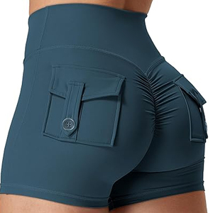 Shorts de sport taille haute pour femme, style cycliste, avec effet froncé aux fesses, ceinture élastique croisée, couleur vert sarcelle uni, Hot Pants - Product Image 4