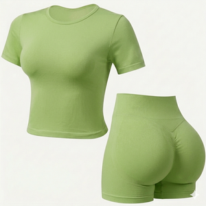 High quality Custom Womens Seamless yoga Set Short Sleeve Fitness Top High Waist Scrunch Shorts Gym fit Sportswear fitness wear - Product Image 1
