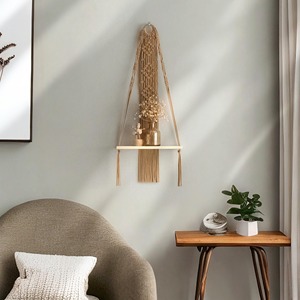 Handwoven Macrame Wall <b>Shelf</b> Set With Wooden Platform Display <b>Shelf</b> For Small Plants Succulents And Indoor Greens From India - Product Image 5