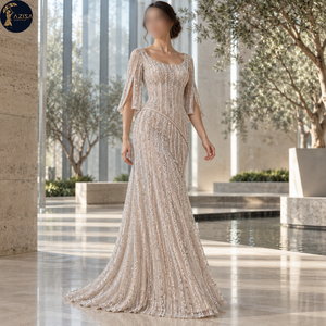 Tissu de robe orné de perles et de paillettes, avec des traînées verticales irrégulières et des détails en maille transparente |   Robe de mariée, tenue de soirée, textile fin - Product Image 4