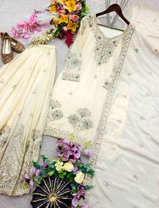 Élégant ensemble salwar en soie brodée blanche avec dupatta, longueur ras du sol, tenue traditionnelle indienne et pakistanaise pour femmes, toutes saisons - Product Image 6