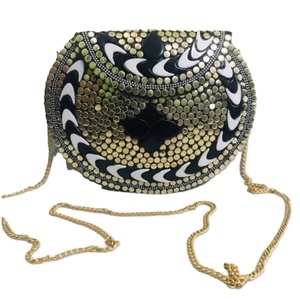 Gold Plated Brass Clutch <b>Bag</b> With Colorful Triangular Pattern And <b>Studs</b> Folk Art Design - Product Image 4