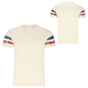 เสื้อยืดลายทางวินเทจคุณภาพสูงสำหรับผู้ชาย ผ้าฝ้าย 100% เนื้อหนา แขนลายทาง สไตล์สตรีทแวร์ รับผลิตแบบ OEM ขายส่งเสื้อยืดเปล่า - Product Image 3